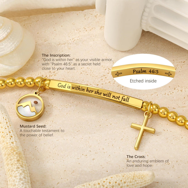 Mustard Seed & Golden Bead Cross Bracelet with God Is Within Her Gift Card