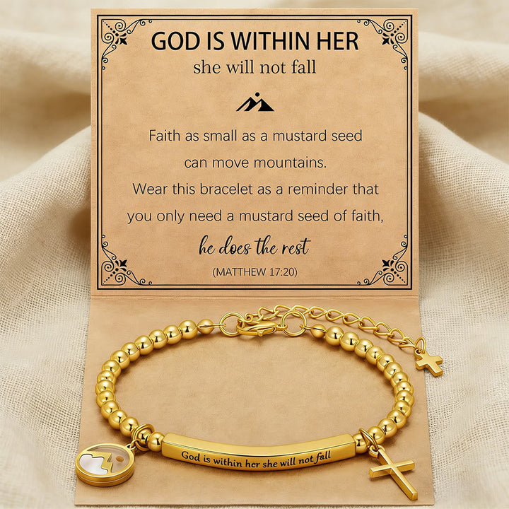 Mustard Seed & Golden Bead Cross Bracelet with God Is Within Her Gift Card