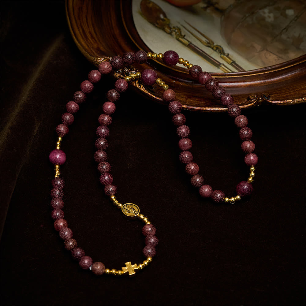 Perilla Wood Multi-Layer Rosary Bracelet with Earthy Beads & Sacred Our Lady