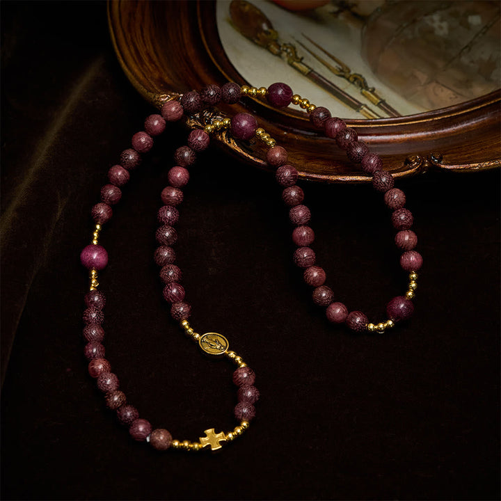 Perilla Wood Multi-Layer Rosary Bracelet with Earthy Beads & Sacred Our Lady