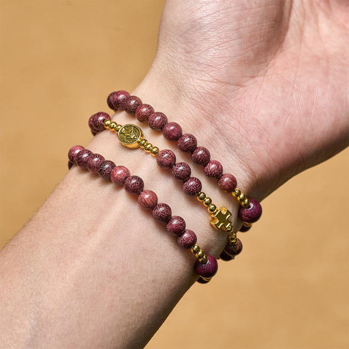Perilla Wood Multi-Layer Rosary Bracelet with Earthy Beads & Sacred Our Lady