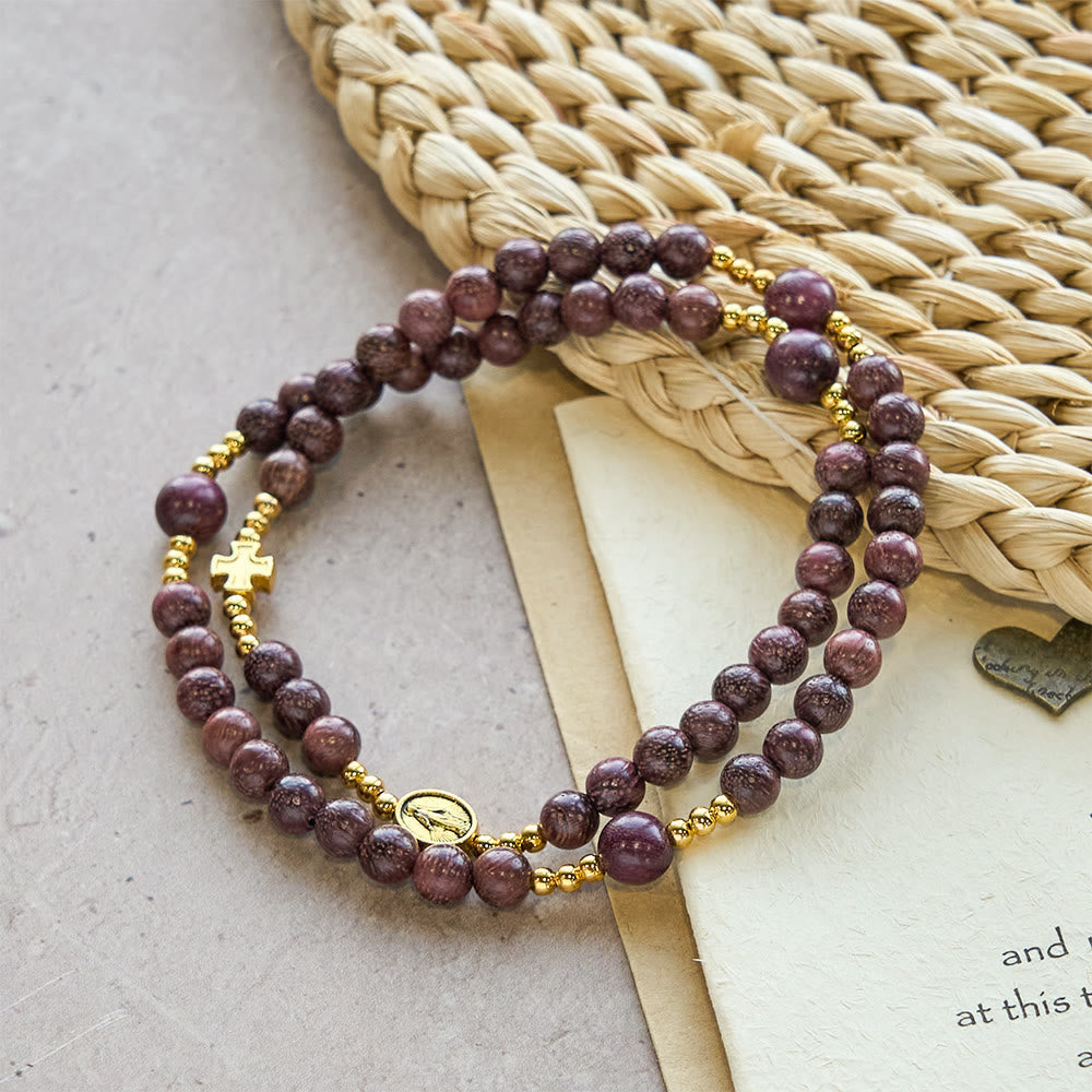 Perilla Wood Multi-Layer Rosary Bracelet with Earthy Beads & Sacred Our Lady