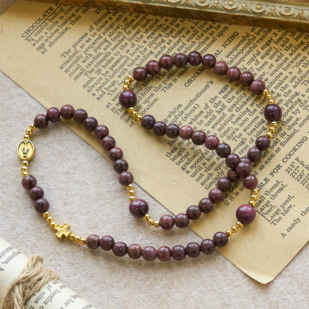 Perilla Wood Multi-Layer Rosary Bracelet with Earthy Beads & Sacred Our Lady