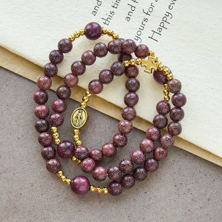 Perilla Wood Multi-Layer Rosary Bracelet with Earthy Beads & Sacred Our Lady