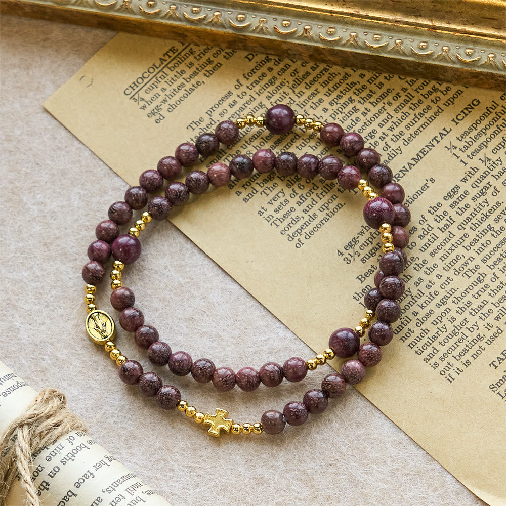 Perilla Wood Multi-Layer Rosary Bracelet with Earthy Beads & Sacred Our Lady