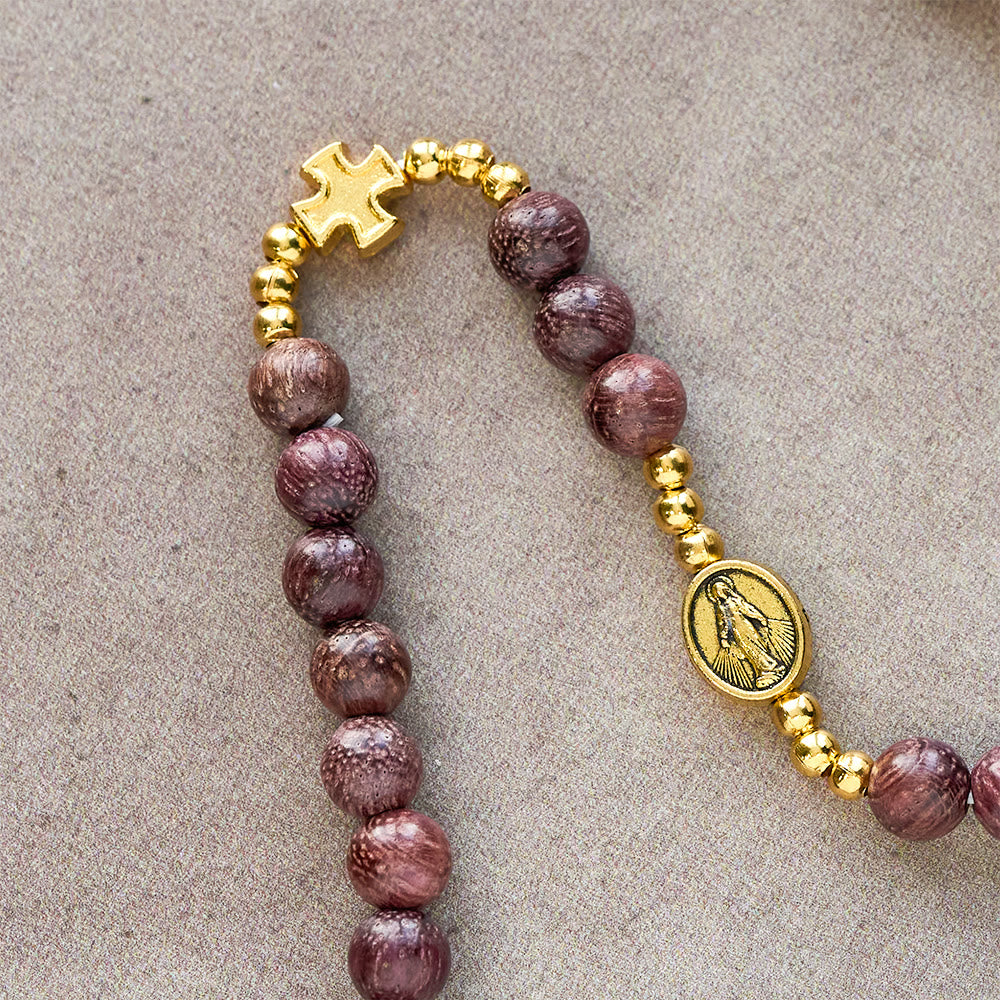 Perilla Wood Multi-Layer Rosary Bracelet with Earthy Beads & Sacred Our Lady