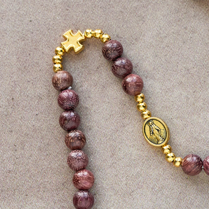 Perilla Wood Multi-Layer Rosary Bracelet with Earthy Beads & Sacred Our Lady