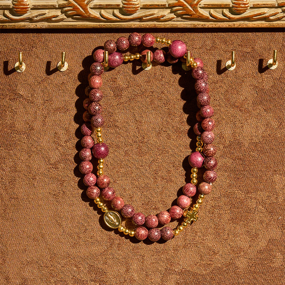 Perilla Wood Multi-Layer Rosary Bracelet with Earthy Beads & Sacred Our Lady