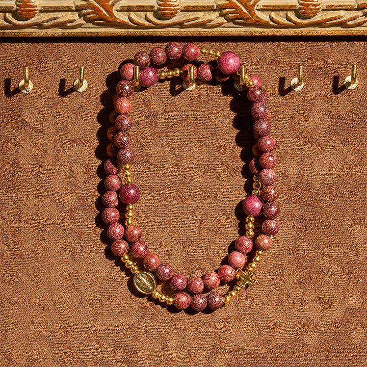 Perilla Wood Multi-Layer Rosary Bracelet with Earthy Beads & Sacred Our Lady