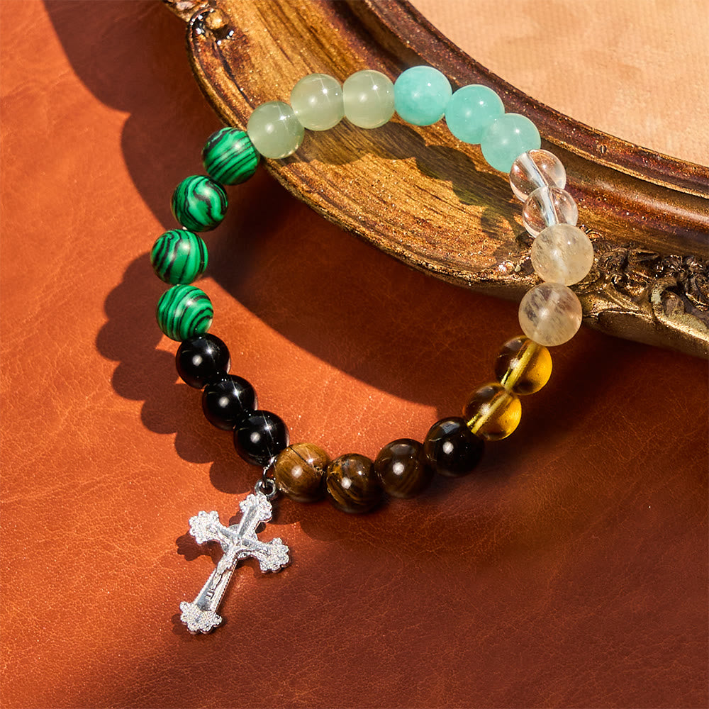 Multi-Natural Stone Faith Bracelet with Assorted Stones & Cross: Faith That Shines Naturally