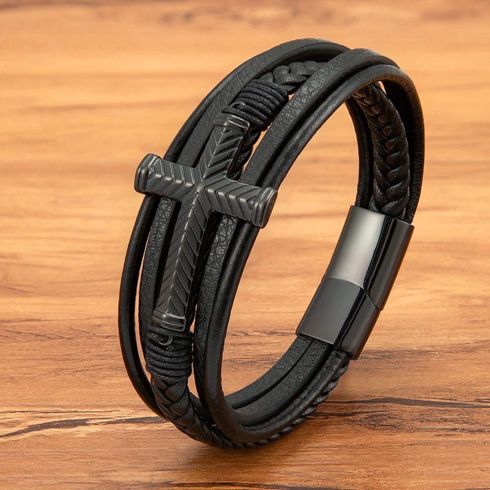 Three-Style Cross Leather Bracelet: Personalized Faith in Every Strand