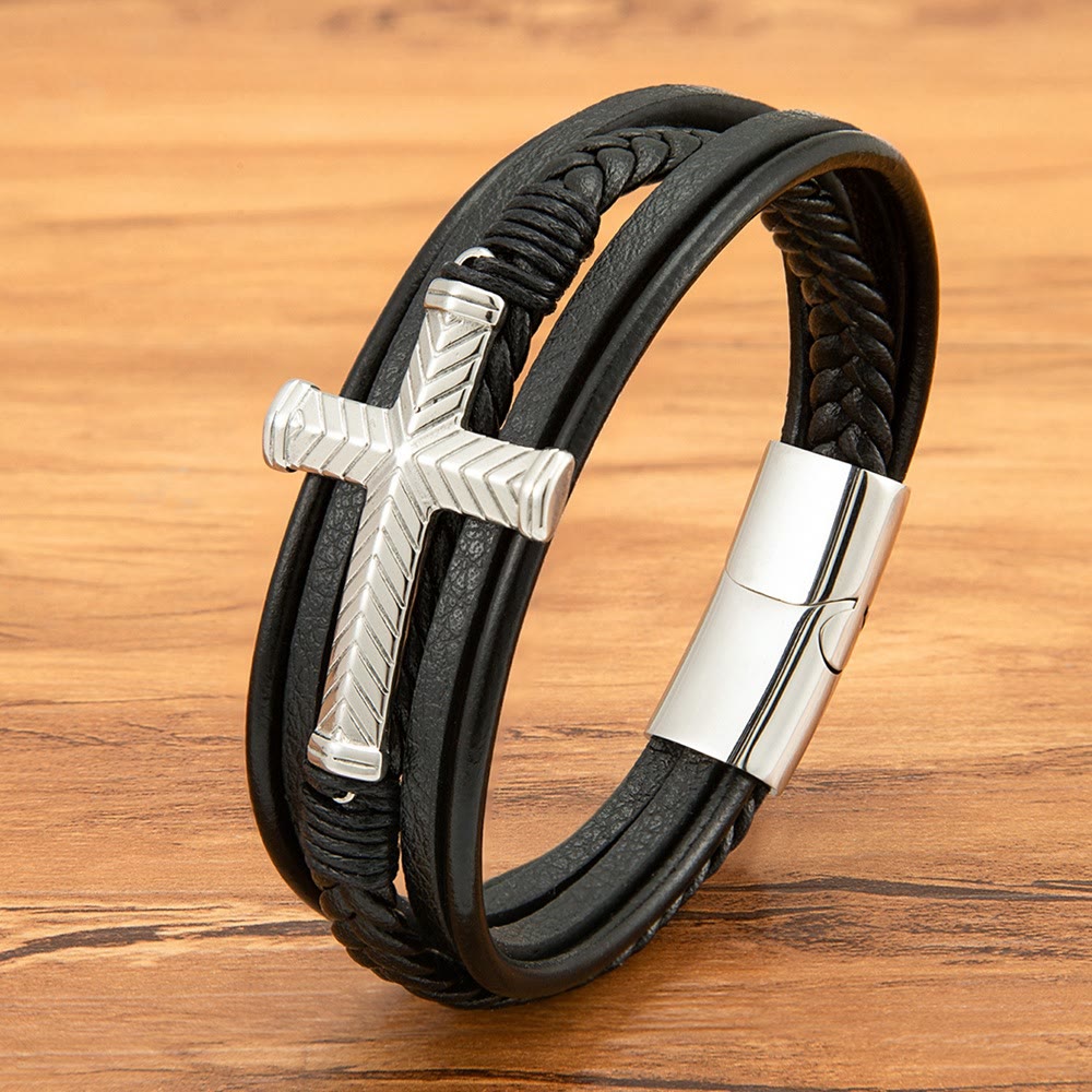Three-Style Cross Leather Bracelet: Personalized Faith in Every Strand