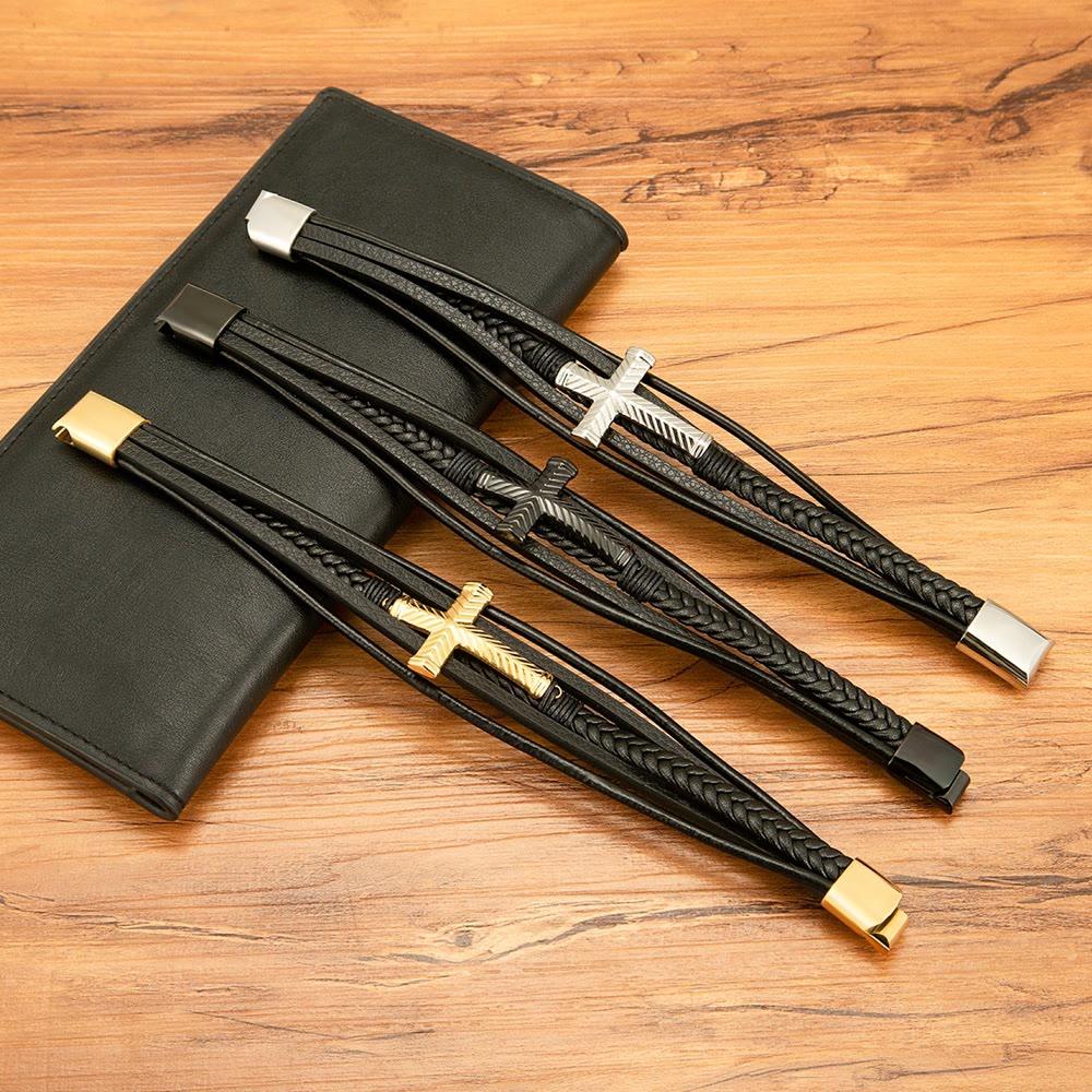 Three-Style Cross Leather Bracelet: Personalized Faith in Every Strand