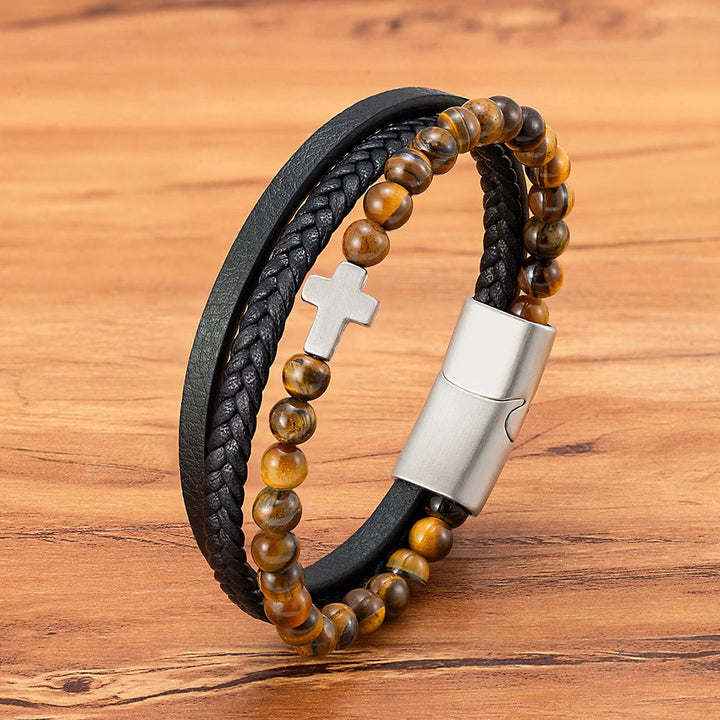 Layered Cross Bracelet with Tiger's Eye Stone Bead: Quiet Devotion in Rich Texture