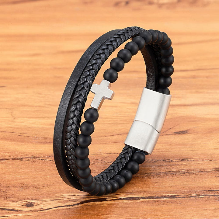 Layered Cross Bracelet with Tiger's Eye Stone Bead: Quiet Devotion in Rich Texture
