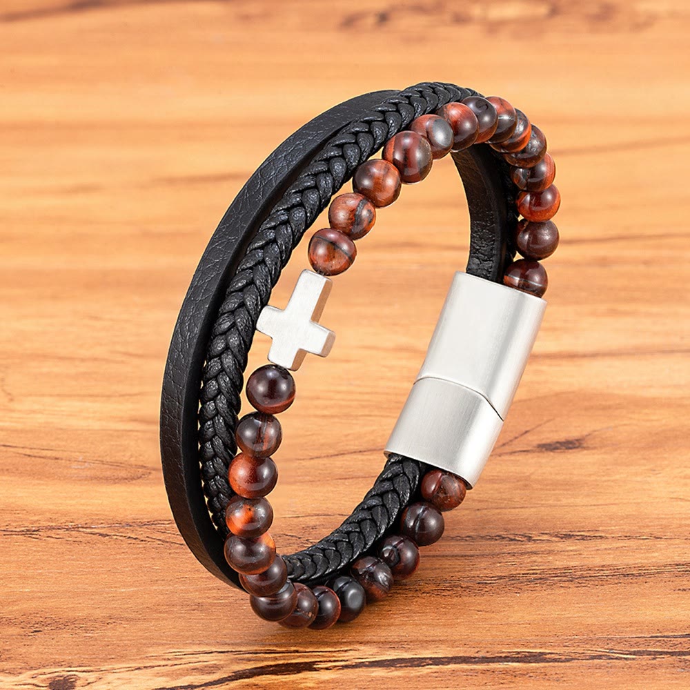Layered Cross Bracelet with Tiger's Eye Stone Bead: Quiet Devotion in Rich Texture