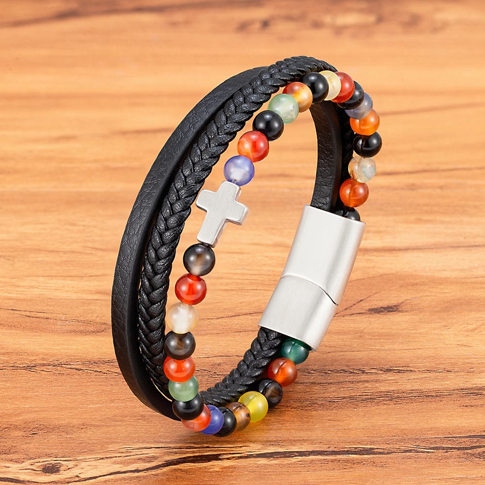 Layered Cross Bracelet with Tiger's Eye Stone Bead: Quiet Devotion in Rich Texture