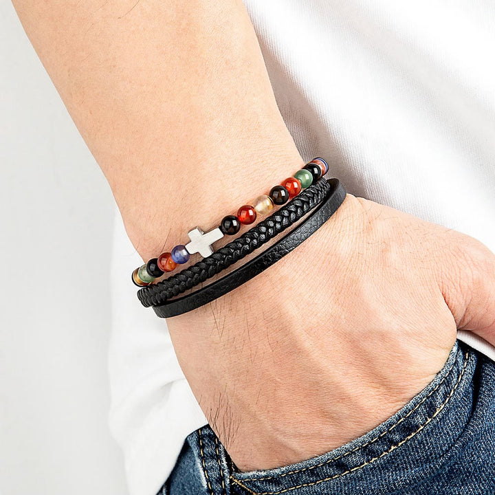 Layered Cross Bracelet with Tiger's Eye Stone Bead: Quiet Devotion in Rich Texture