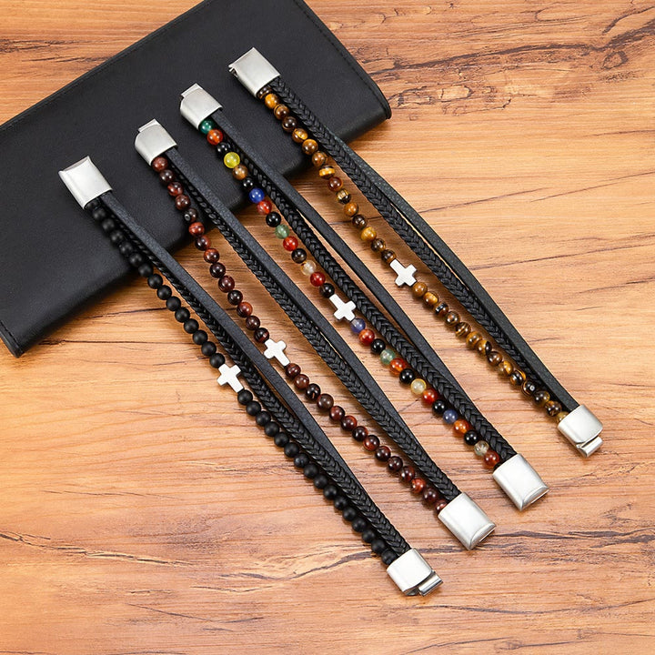 Layered Cross Bracelet with Tiger's Eye Stone Bead: Quiet Devotion in Rich Texture