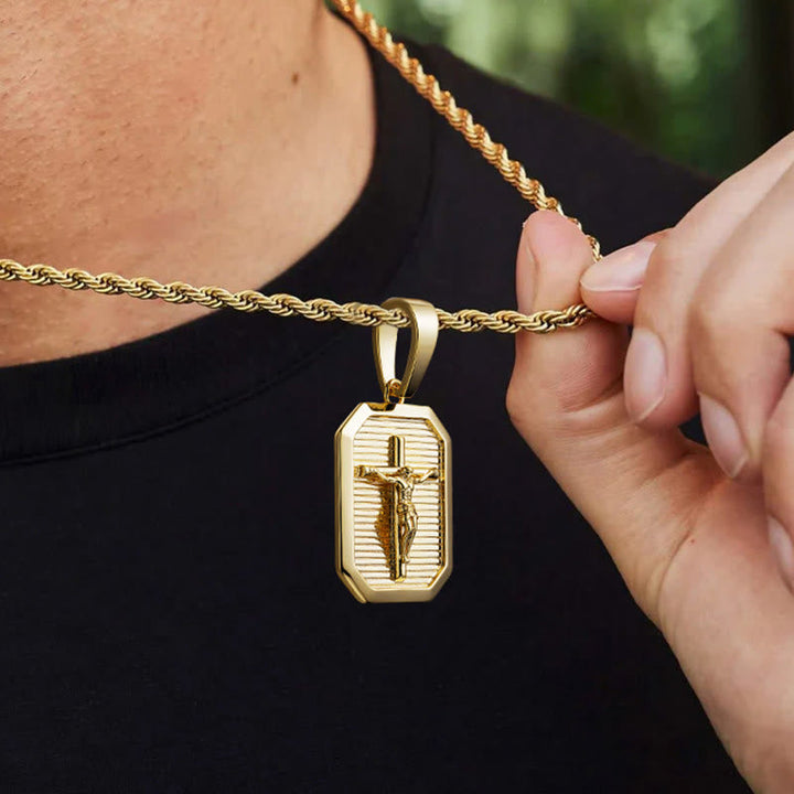 Crucifix Dog Tag Necklace: His Sacrifice Close to Your Heart