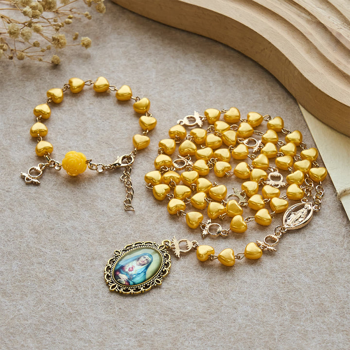 Yellow Heart Bead Rosary & Bracelet Set: Tender Companion of Daily Grace