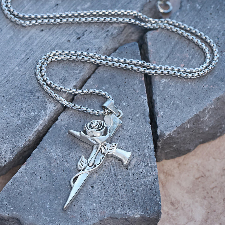 Rose Wrapped Cross Faith Necklace with Gothic Floral Design