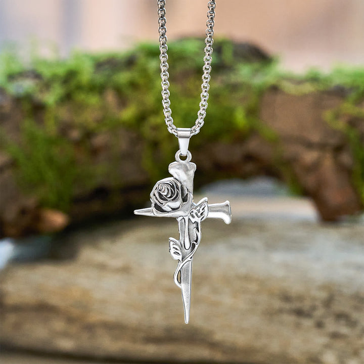 Rose Wrapped Cross Faith Necklace with Gothic Floral Design