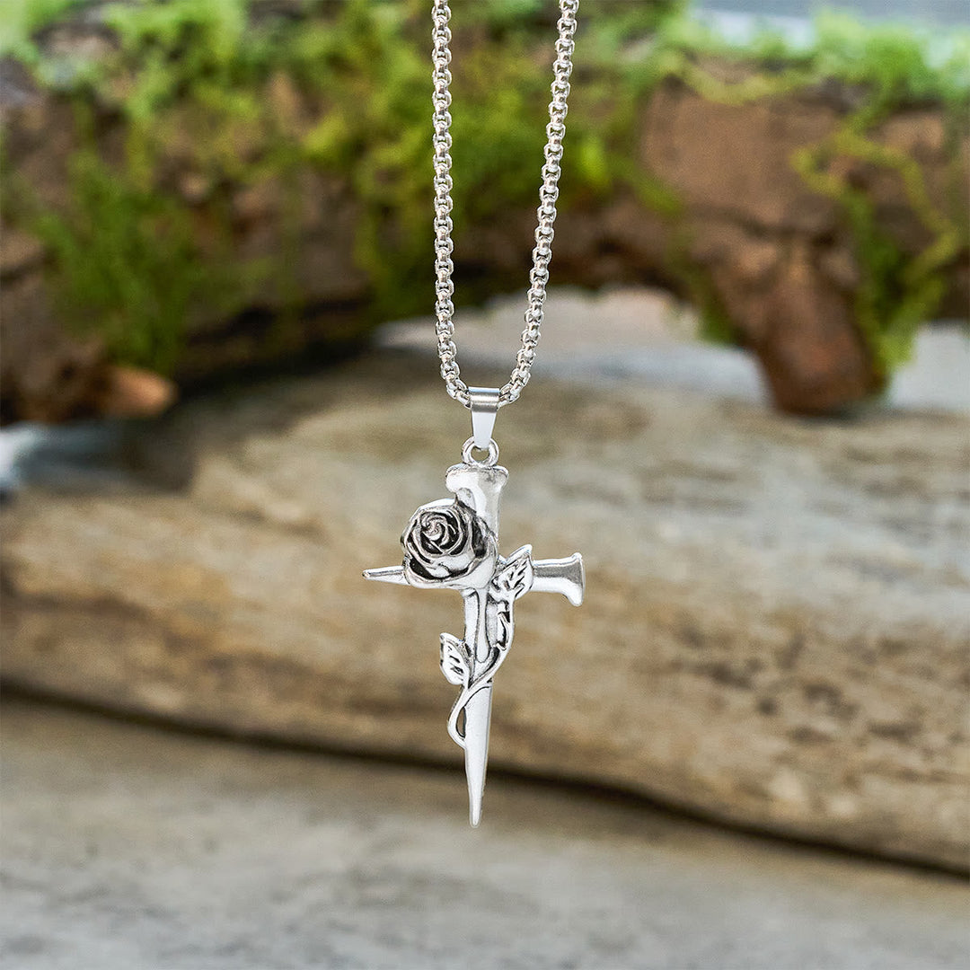 Rose Wrapped Cross Faith Necklace with Gothic Floral Design