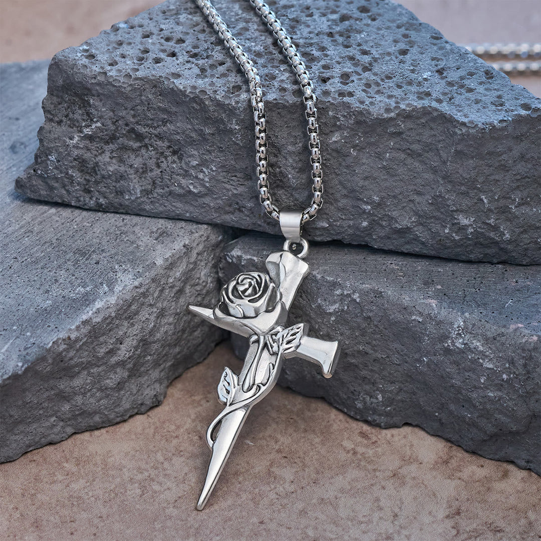 Rose Wrapped Cross Faith Necklace with Gothic Floral Design