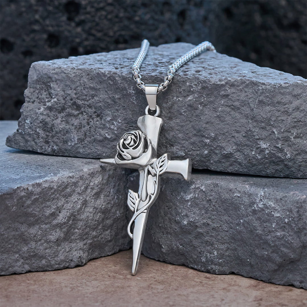 Rose Wrapped Cross Faith Necklace with Gothic Floral Design