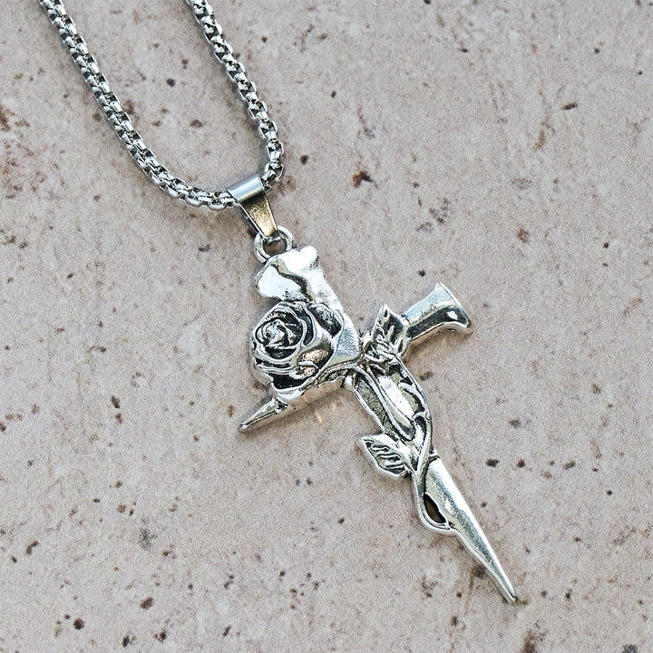Rose Wrapped Cross Faith Necklace with Gothic Floral Design