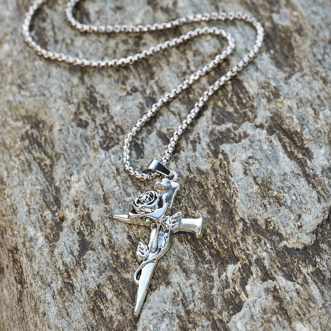 Rose Wrapped Cross Faith Necklace with Gothic Floral Design