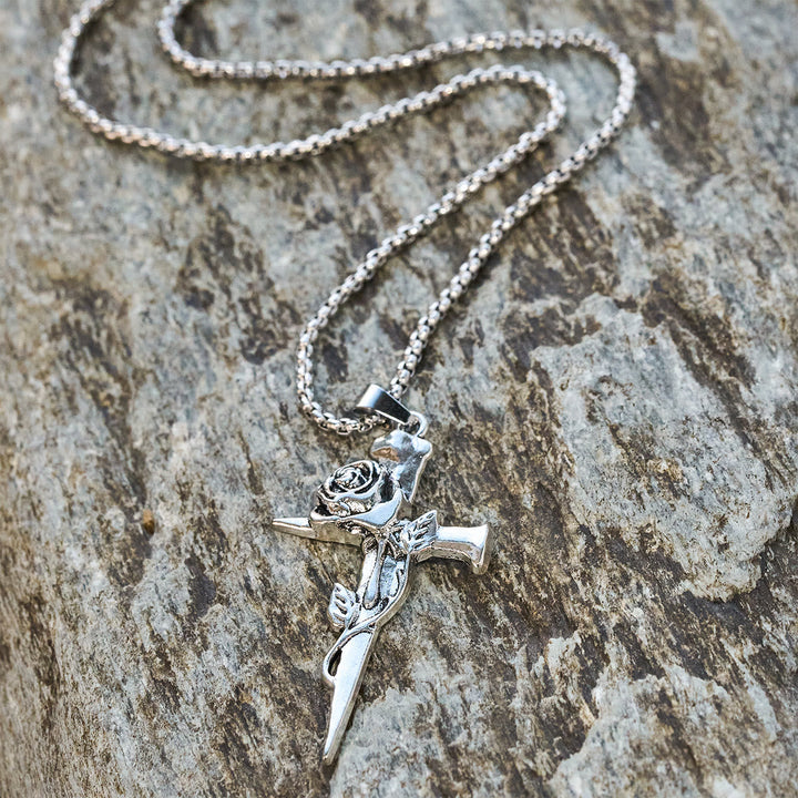 Rose Wrapped Cross Faith Necklace with Gothic Floral Design