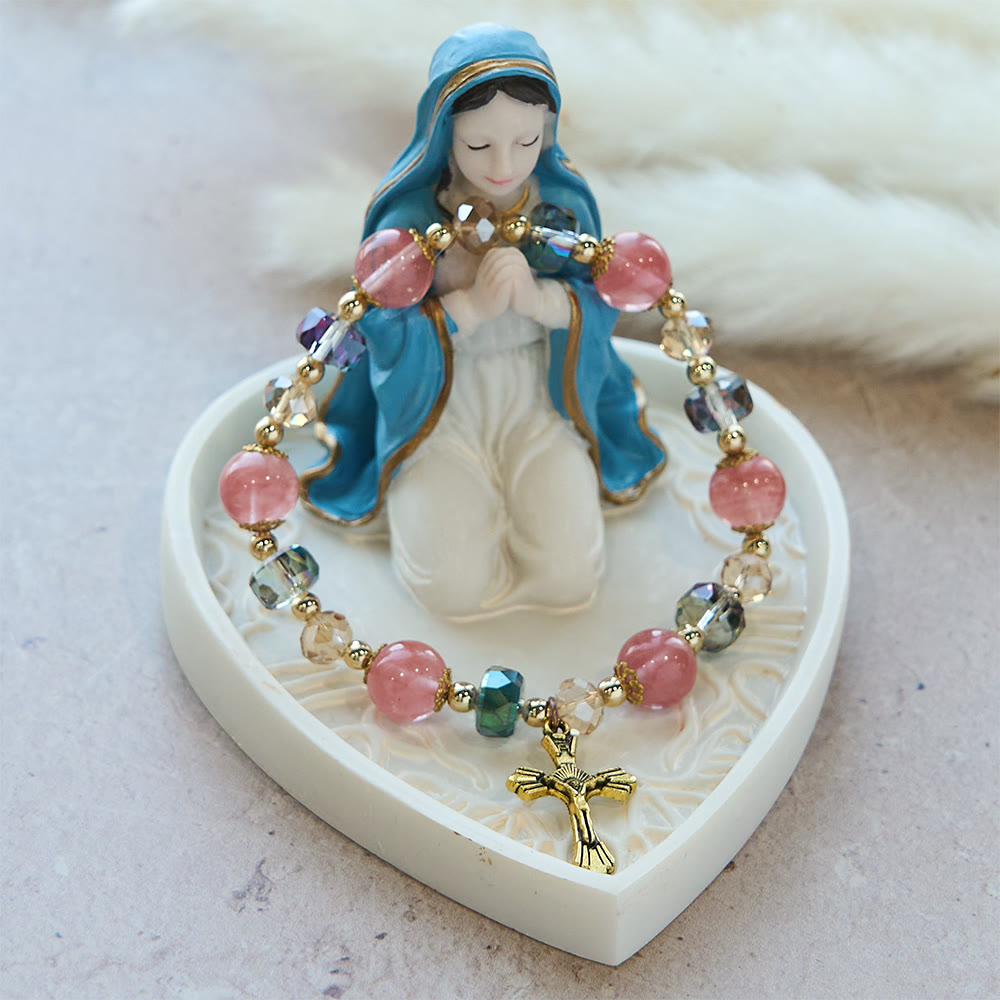 Pink Crystal & Multi-Faceted Bead Bracelet with Golden Crucifix: Dazzling Faith for Daily Style