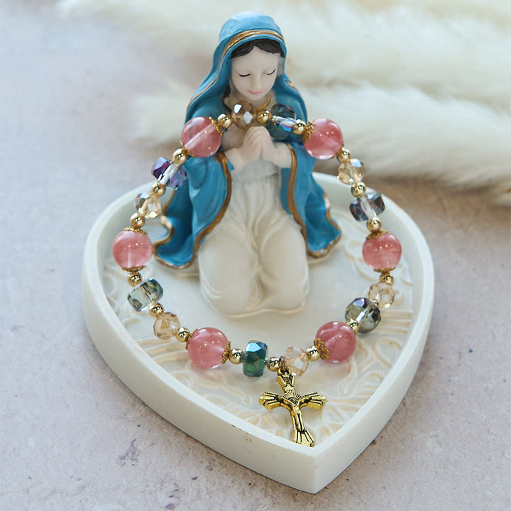 Pink Crystal & Multi-Faceted Bead Bracelet with Golden Crucifix: Dazzling Faith for Daily Style