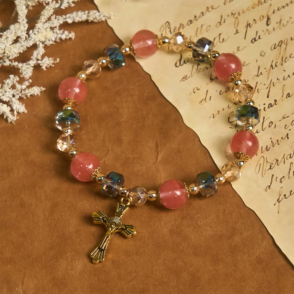 Pink Crystal & Multi-Faceted Bead Bracelet with Golden Crucifix: Dazzling Faith for Daily Style