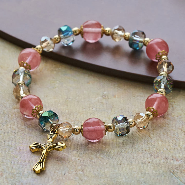 Pink Crystal & Multi-Faceted Bead Bracelet with Golden Crucifix: Dazzling Faith for Daily Style