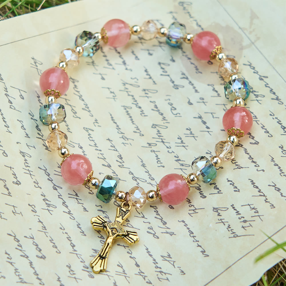 Pink Crystal & Multi-Faceted Bead Bracelet with Golden Crucifix: Dazzling Faith for Daily Style