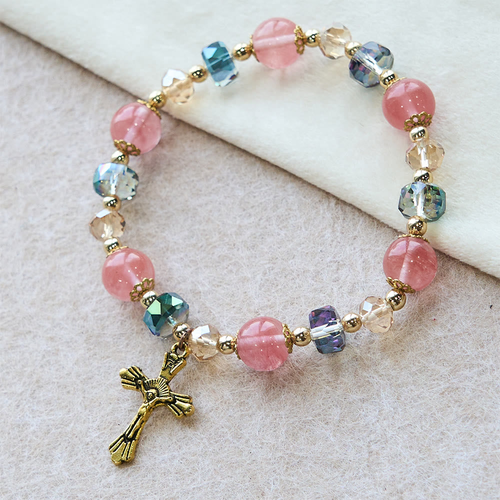 Pink Crystal & Multi-Faceted Bead Bracelet with Golden Crucifix: Dazzling Faith for Daily Style
