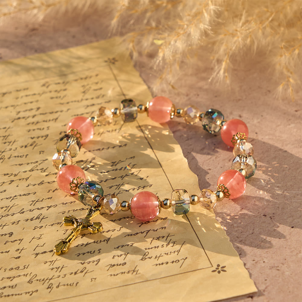 Pink Crystal & Multi-Faceted Bead Bracelet with Golden Crucifix: Dazzling Faith for Daily Style