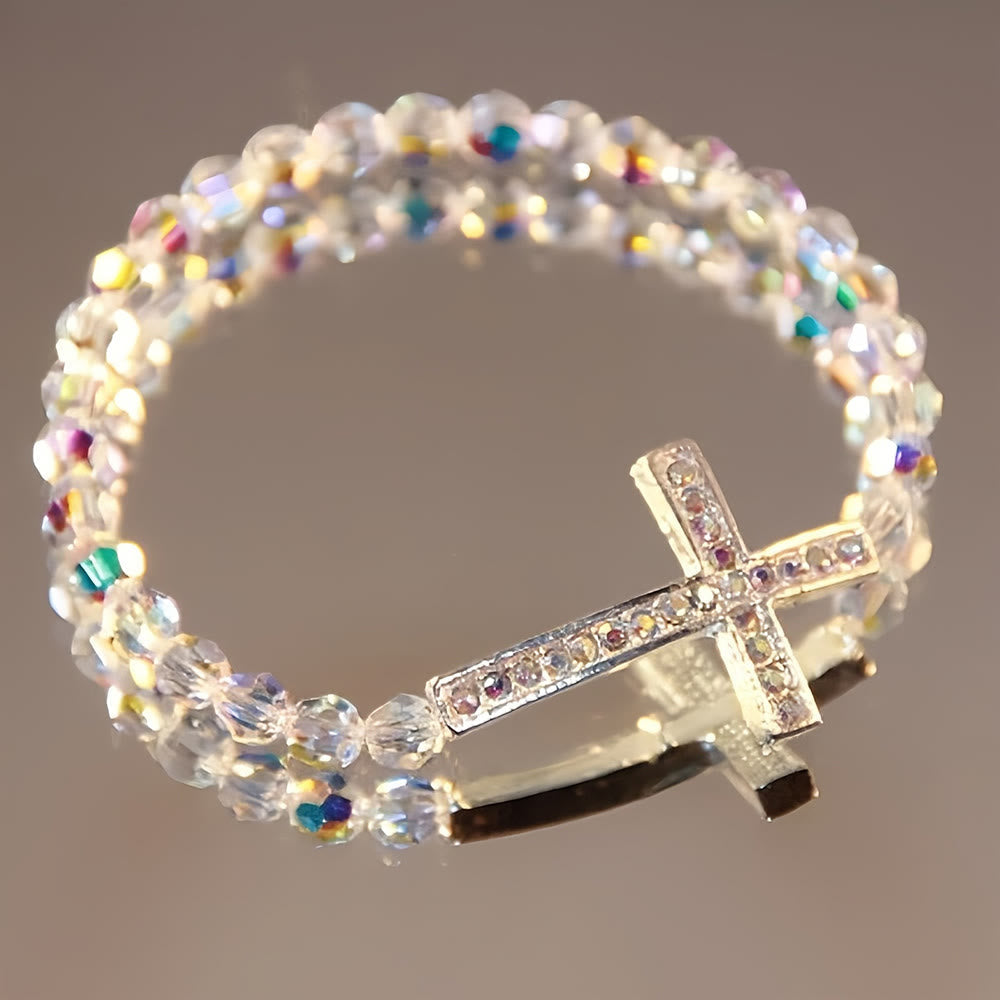 White & Peacock Blue Cross Bracelet: Belief Wrapped in Shimmer