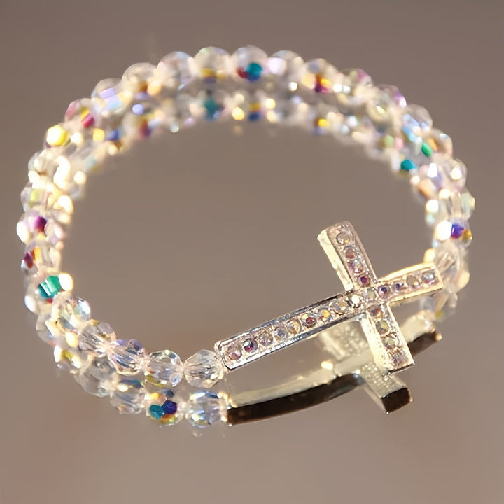 White & Peacock Blue Cross Bracelet: Belief Wrapped in Shimmer