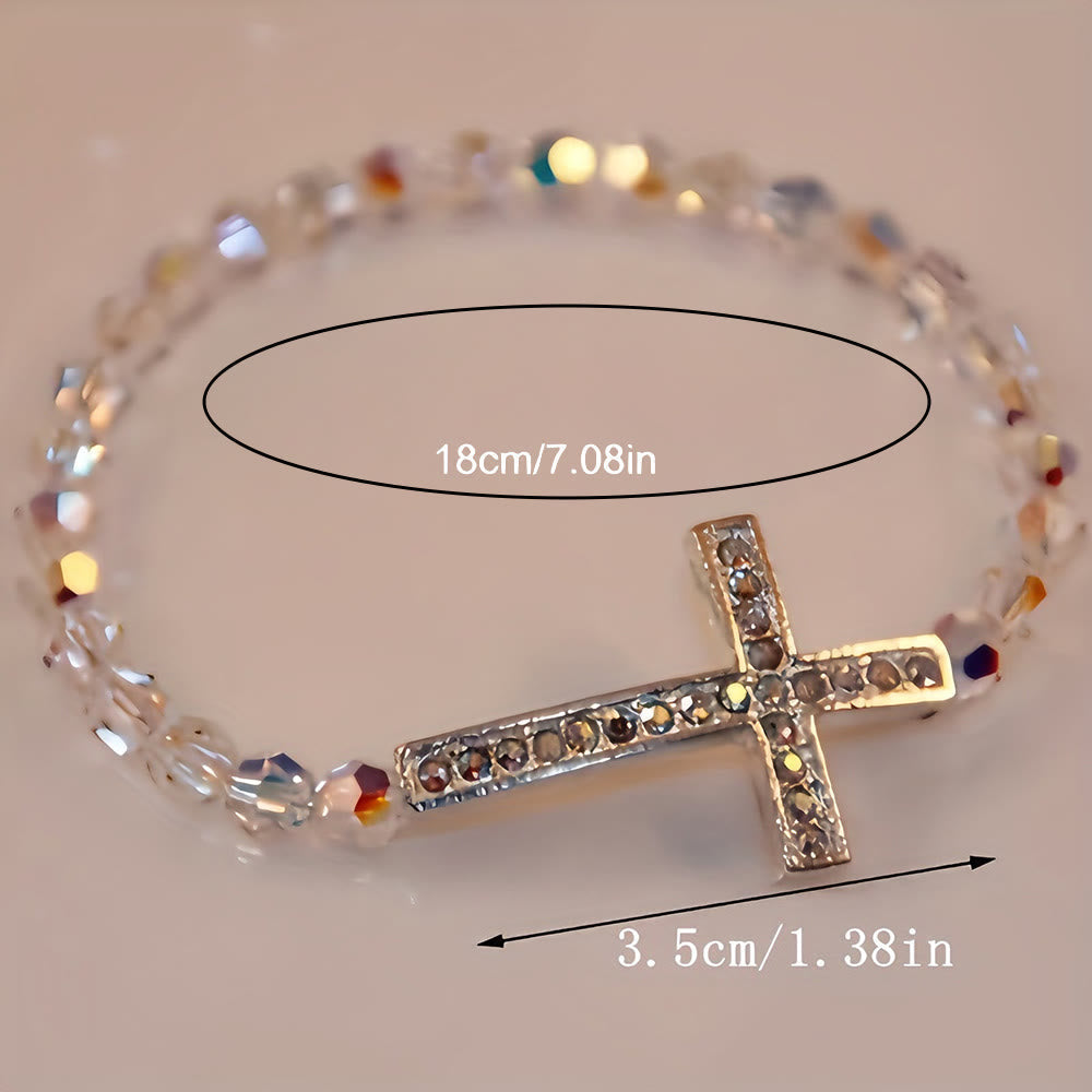 White & Peacock Blue Cross Bracelet: Belief Wrapped in Shimmer