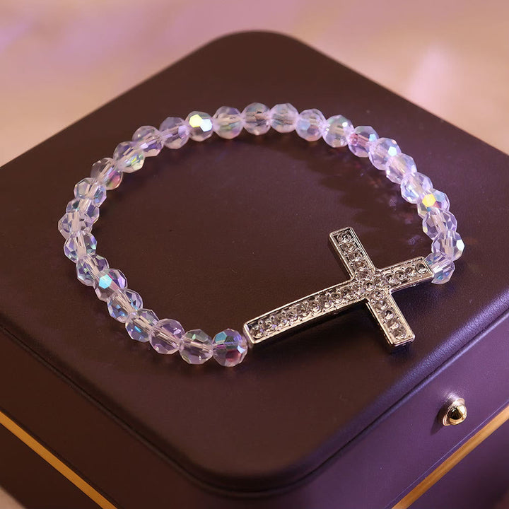 White & Peacock Blue Cross Bracelet: Belief Wrapped in Shimmer