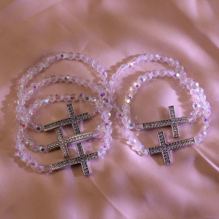 White & Peacock Blue Cross Bracelet: Belief Wrapped in Shimmer