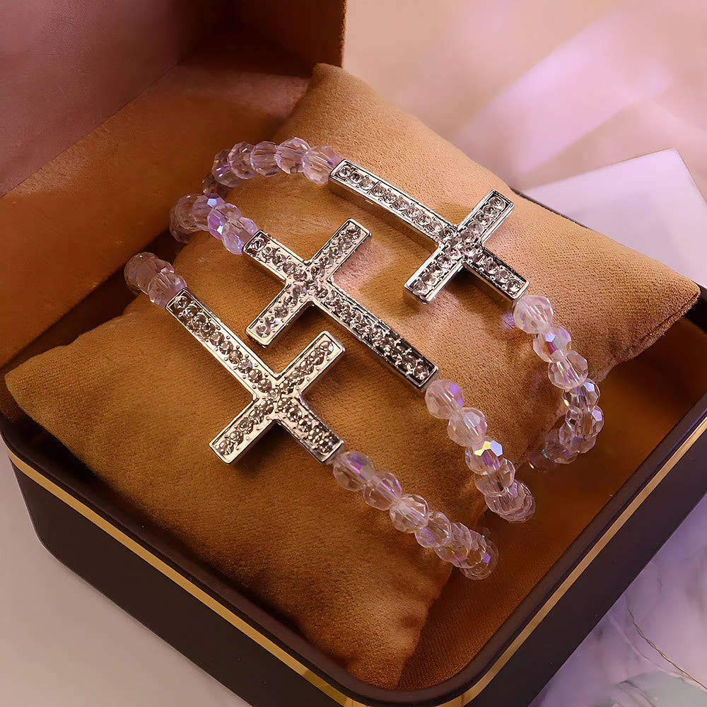 White & Peacock Blue Cross Bracelet: Belief Wrapped in Shimmer