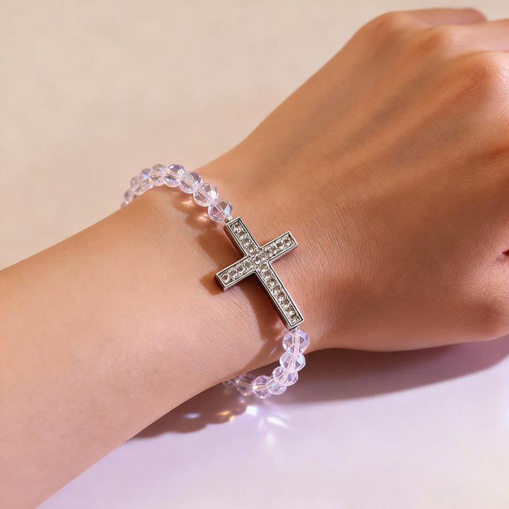 White & Peacock Blue Cross Bracelet: Belief Wrapped in Shimmer