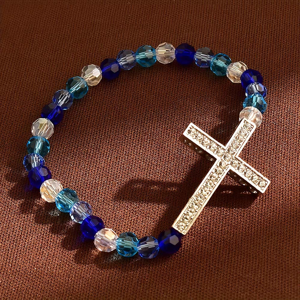 White & Peacock Blue Cross Bracelet: Belief Wrapped in Shimmer