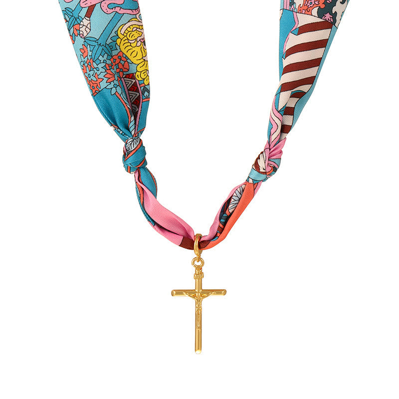 Vibrant Pattern Scarf with Cross Necklace Series: Graceful Devotion for Daily Wear