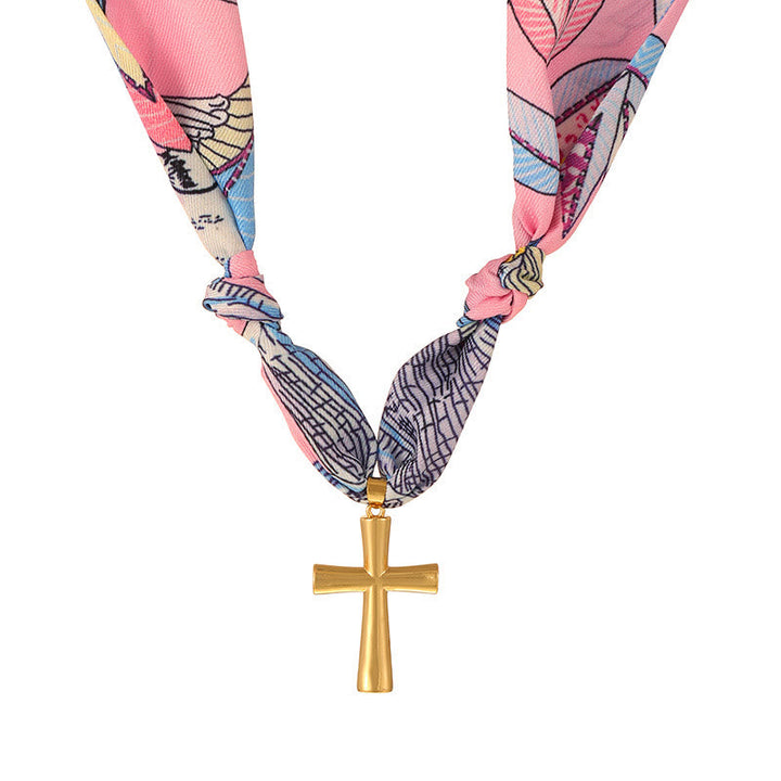 Vibrant Pattern Scarf with Cross Necklace Series: Graceful Devotion for Daily Wear
